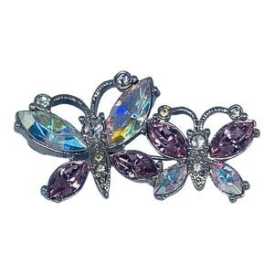 Vintage Double Butterfly Faceted Pink Glass Brooch Pin Silver Tone 1.75" Sparkly